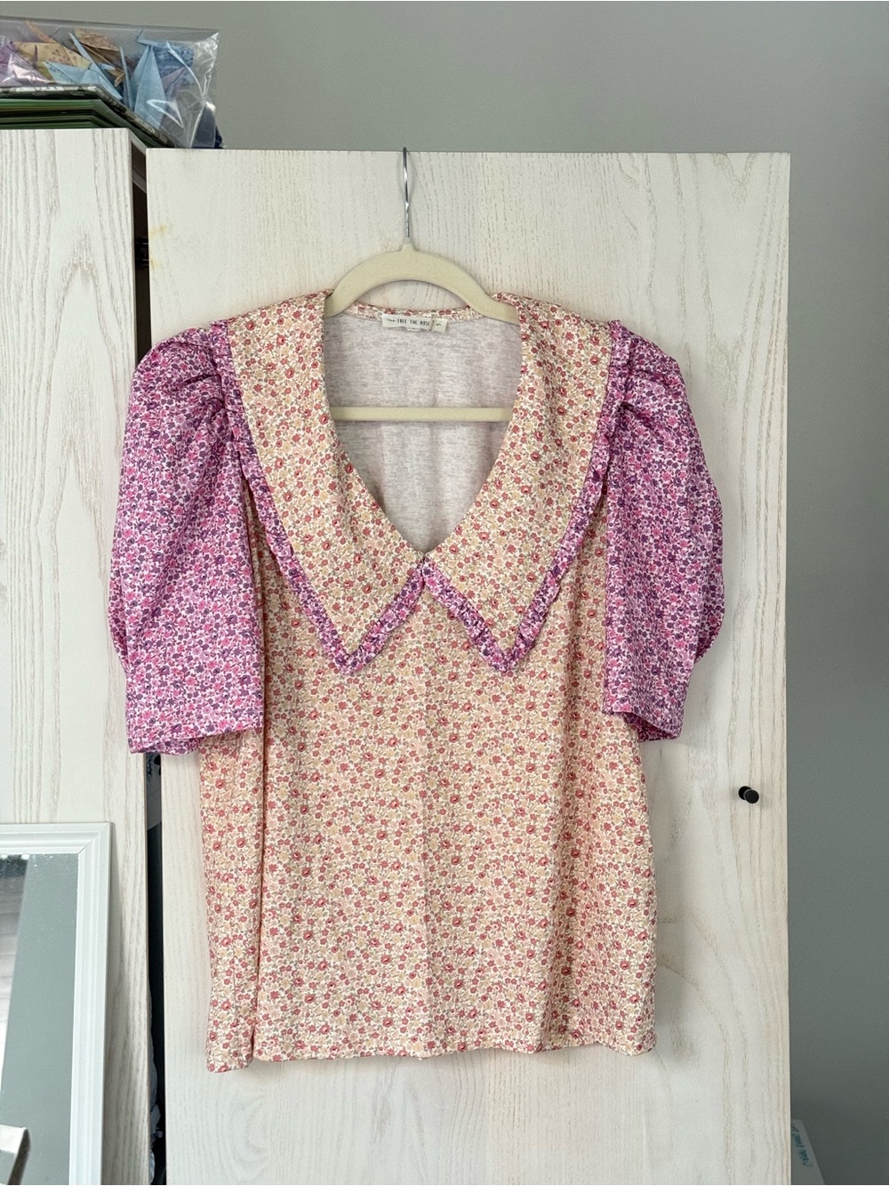 Free the Roses Cream Floral Top with Purple Puff Sleeves